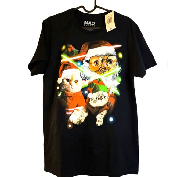 Men's Lost Gods Holiday Cat Portraits T-Shirt Black Mad Engine Crewneck Size S - Picture 2 of 10